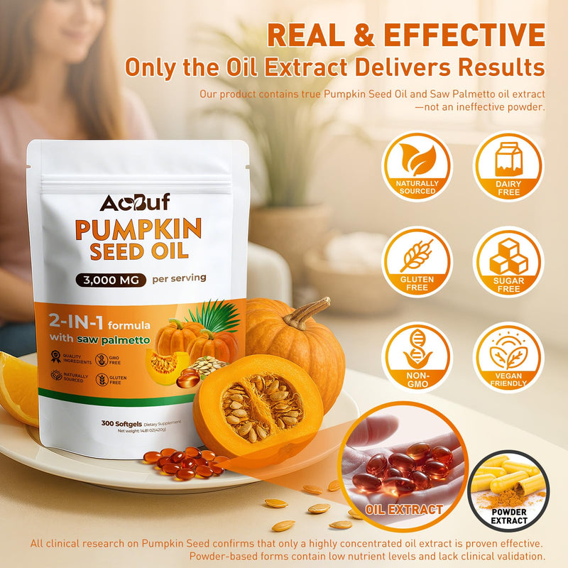 ACBUF Pumpkin Seed Oil + Saw Palmetto Softgels – 3000 mg, Cold-Pressed