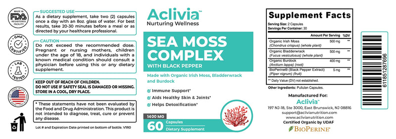 Aclivia Organic Irish Sea Moss Capsules with Bladderwrack & Burdock Root | 102 Minerals - Thyroid Support, Immune Boost - Non-GMO (60 Count)