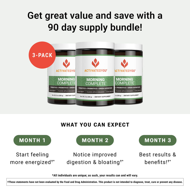 ACTIVATEDYOU Morning Complete Daily Wellness Greens — Probiotics & Prebiotics, 10B CFU, Apple Cinnamon (3 Pack)