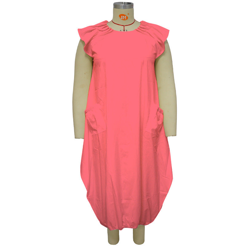 Women's Plus-Size Solid-Color Loose Dress With Two Pockets