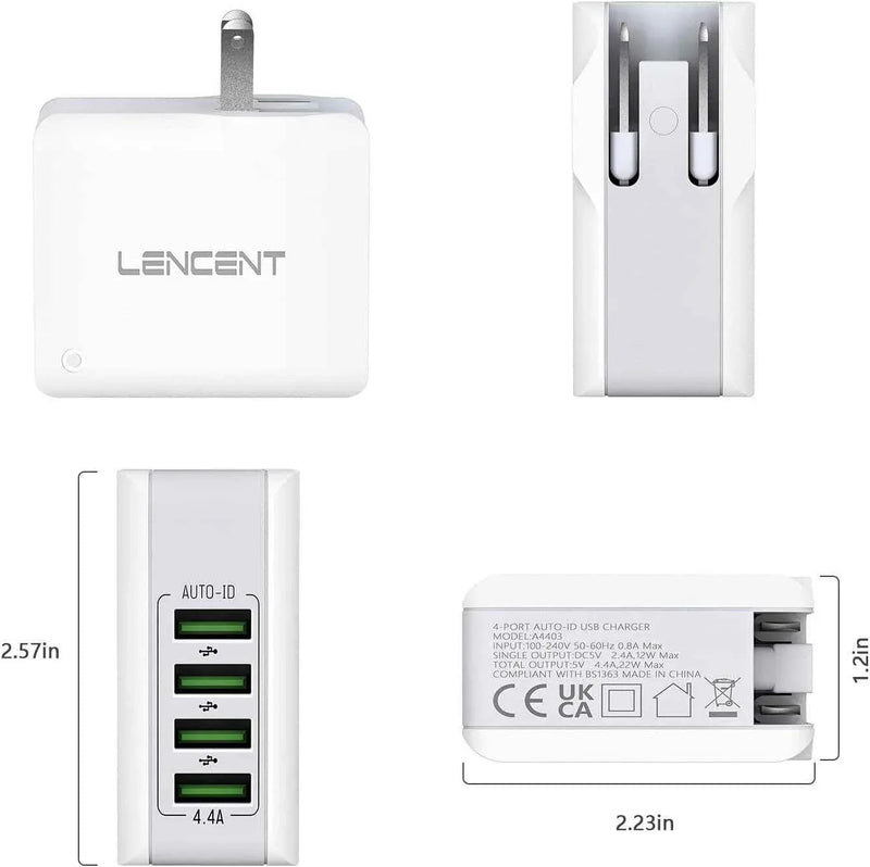 USB Charger 4 Ports Worldwide Universal Adapters Includes UK EU US AUS 22W/5V