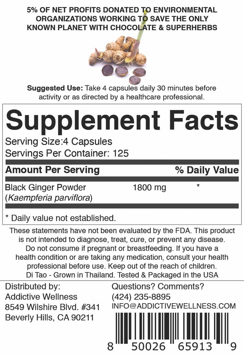 Addictive Wellness Black Ginger Capsules 450mg – Kaempferia Parviflora for Energy, Endurance & Metabolism | 500 Count