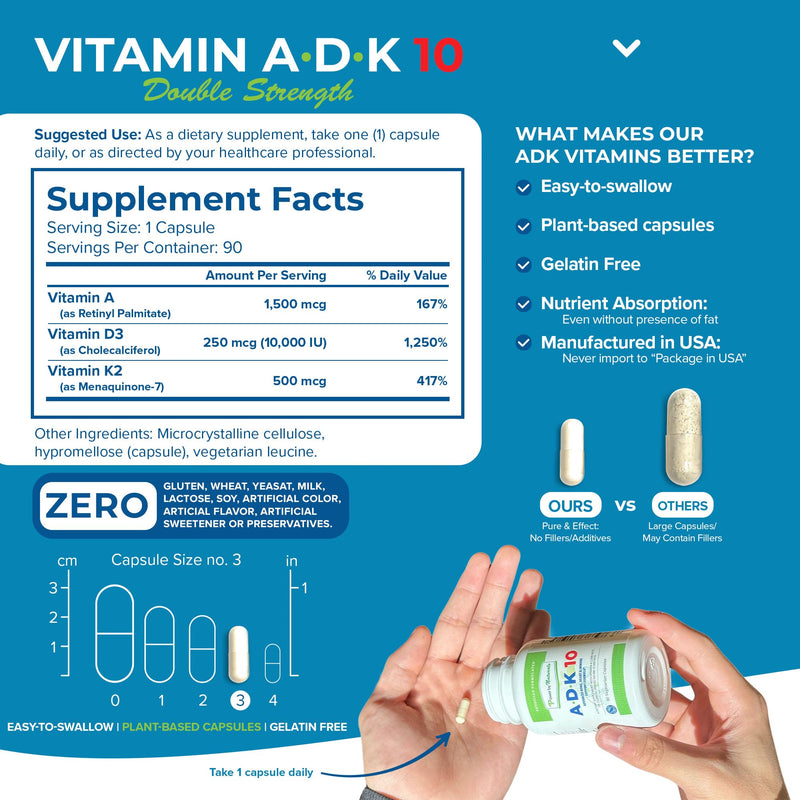 Power By Naturals ADK 10 Vitamin Supplement – A, D3 10,000 IU & K2 MK-7, 90 Capsules (3-Month Supply)
