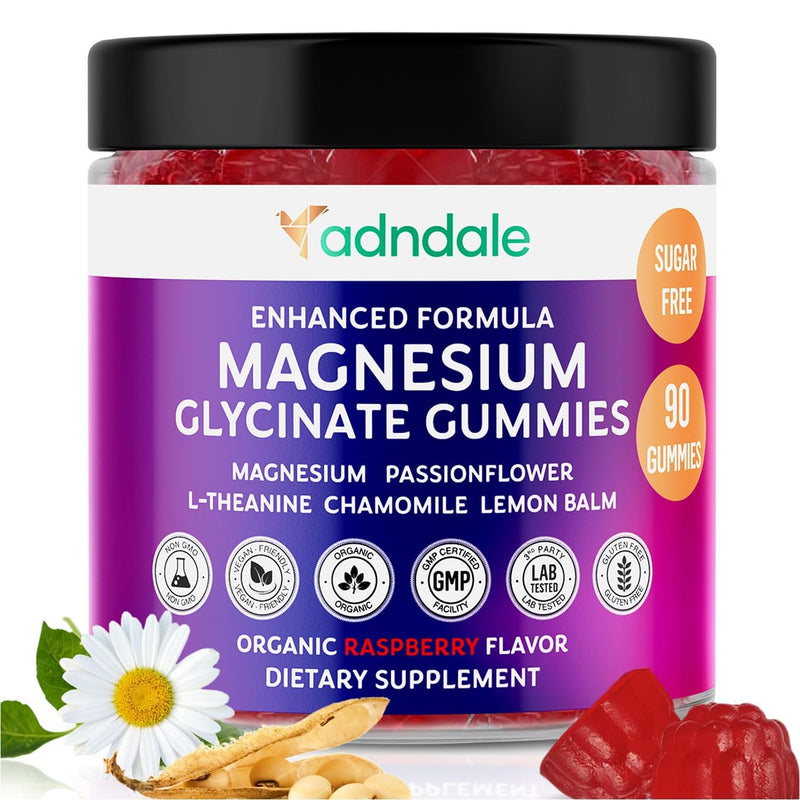 Adndale Pure Magnesium Glycinate Gummies - 90ct Sugar Free with L-Theanine & Herbs