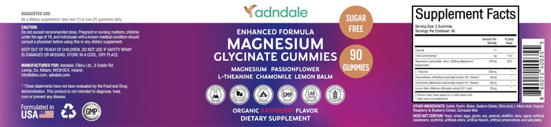 Adndale Pure Magnesium Glycinate Gummies - 90ct Sugar Free with L-Theanine & Herbs
