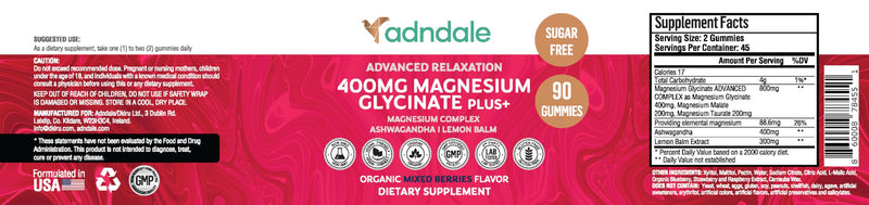 Adndale 90 ct Magnesium Glycinate Gummies with Ashwagandha & Taurate – Sugar-Free