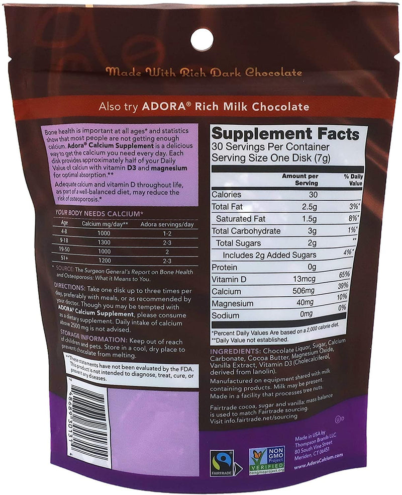 Adora Calcium Supplement Dark Chocolate – 30 ct (Pack of 6)