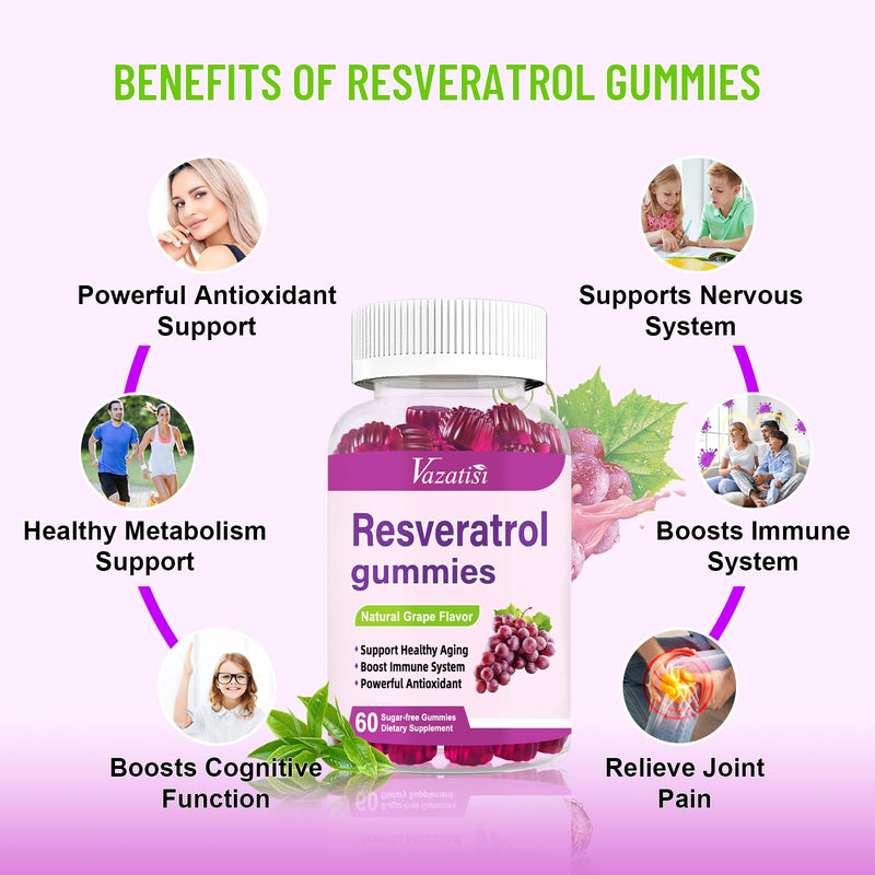 High Purity Resveratrol Gummies, 98% Trans-Resveratrol with Quercetin, Coq 10, Vitamin C, Reservatrol Supplement for Antioxidant, Anti-Aging, 60 Gummies