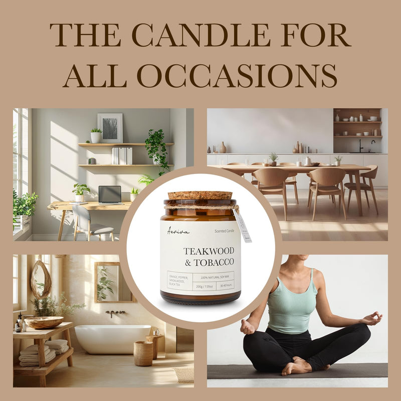 Aeviva Teakwood Tobacco Aromatherapy Candle – 7.05 oz Soy Wax, Wooden Wick