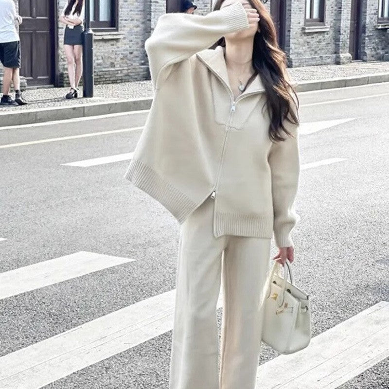 Knitted Zipper Cardigan Wide Leg Pants Solid Color Two-piece Set