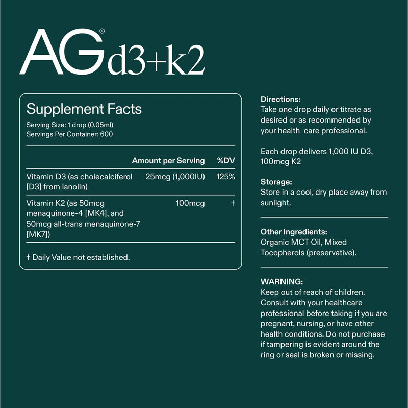 AG1 Vitamin D3 K2 Drops – 1000IU D3, 100mcg K2 per Serving | Supports Bone Density