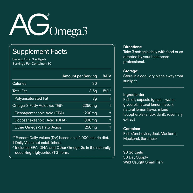 AG1 Omega3 Fish Oil Softgels – 2000mg EPA & DHA from Wild-Caught Fish | 90 Capsules | Athletic Greens
