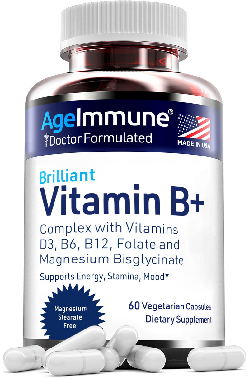 AgeImmune Vitamin B Complex with D3, Methylfolate – Doctor Formulated, Niacin-Free, 60 Capsules