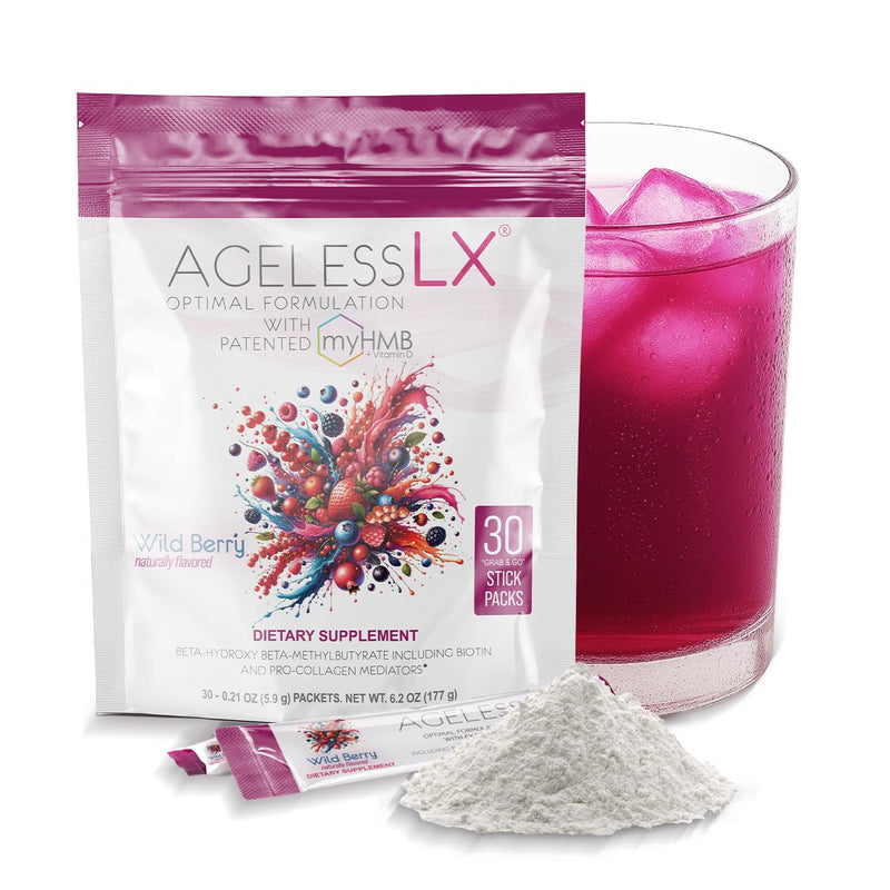 AgelessLX Wild Berry Powder for Women – HMB, D3/K2, Biotin, Horsetail, 30 Packets