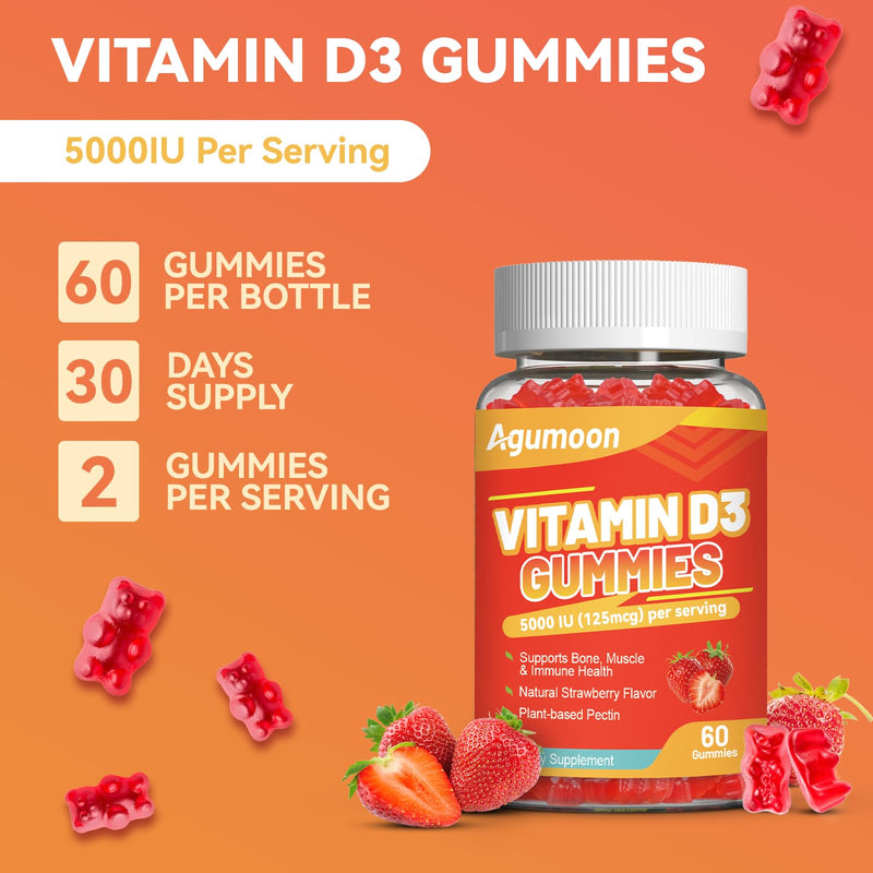 Agumoon Vitamin D3 5000 IU Gummies – 120 Count, Strawberry – Immune Support