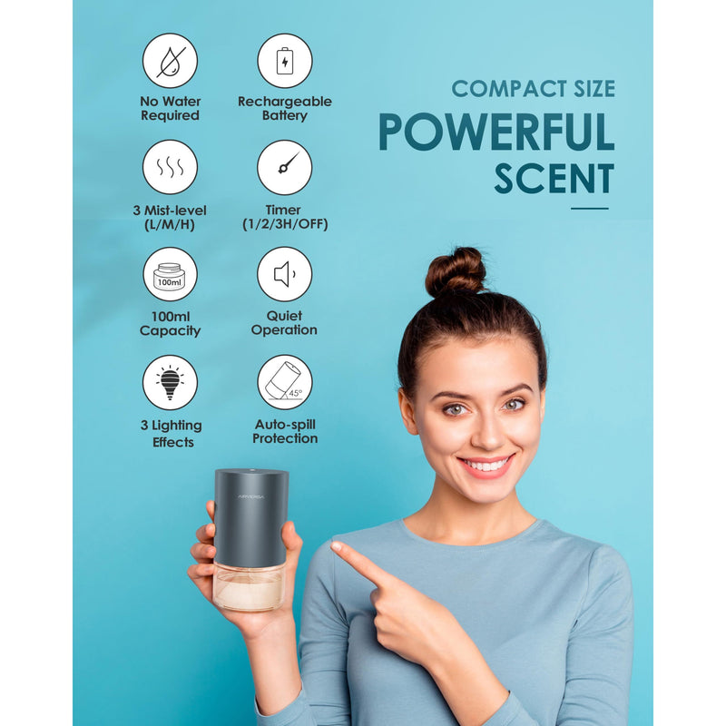 Airversa Waterless Diffuser — Battery-Powered Aromatherapy Nebulizer, 100ml Glass Bottle, 3 Mist Settings, Space Gray
