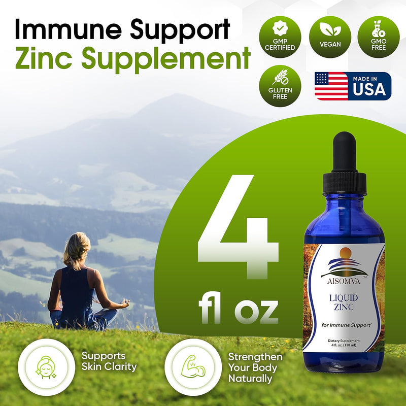 AISOMVA Liquid Zinc Drops – High-Absorption Zinc for Immune Support, Skin & Bones | Made in USA (4 oz)