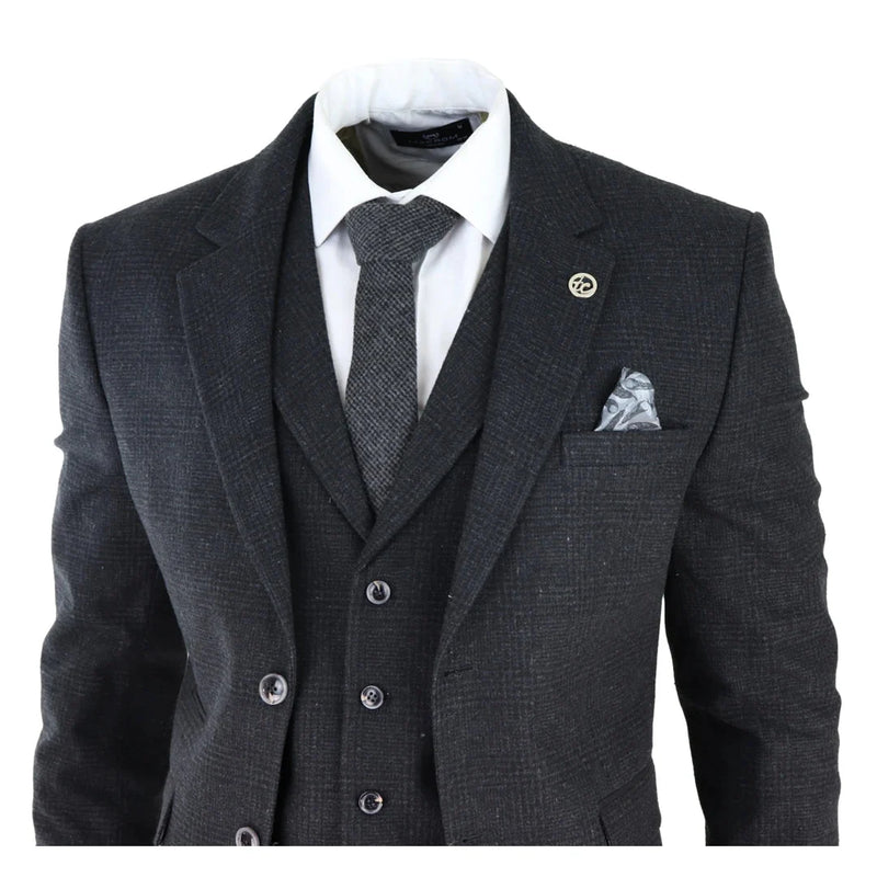 AK-11 - Men's Black Tweed 3 Piece Suit Check 1920s Gatsby Blinders