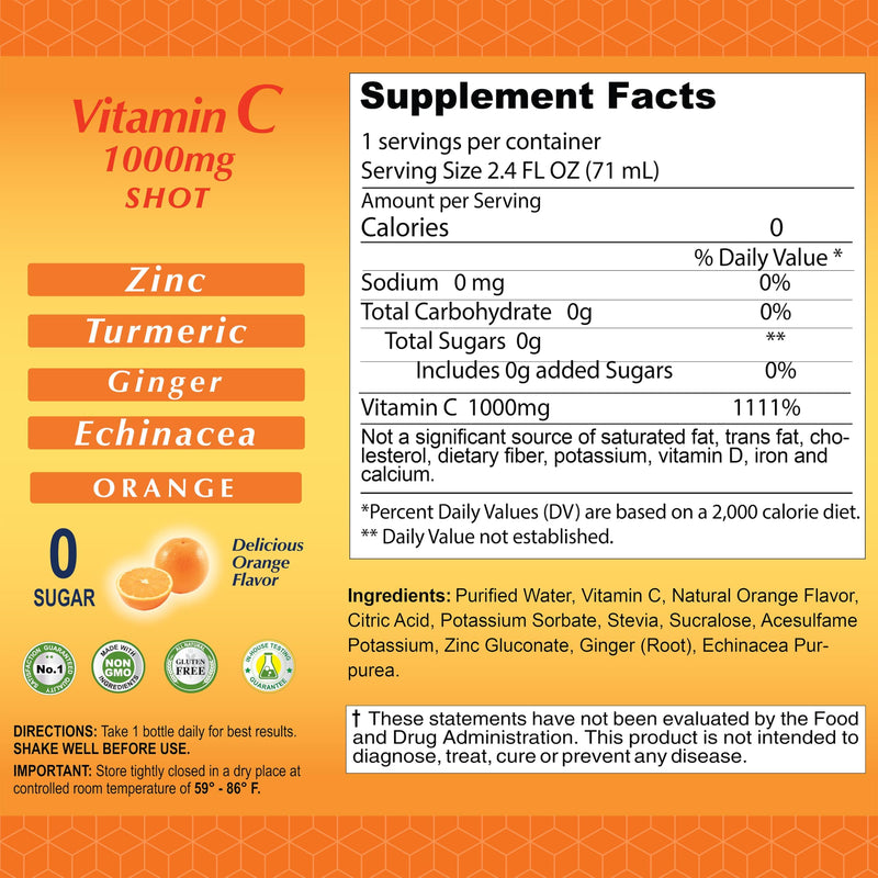 ALFA VITAMINS Vitamin C Shot 1000mg with Zinc, Ginger & Echinacea – Immune Support & Daily Wellness – Orange Flavor, 2.4 fl oz, 80-count