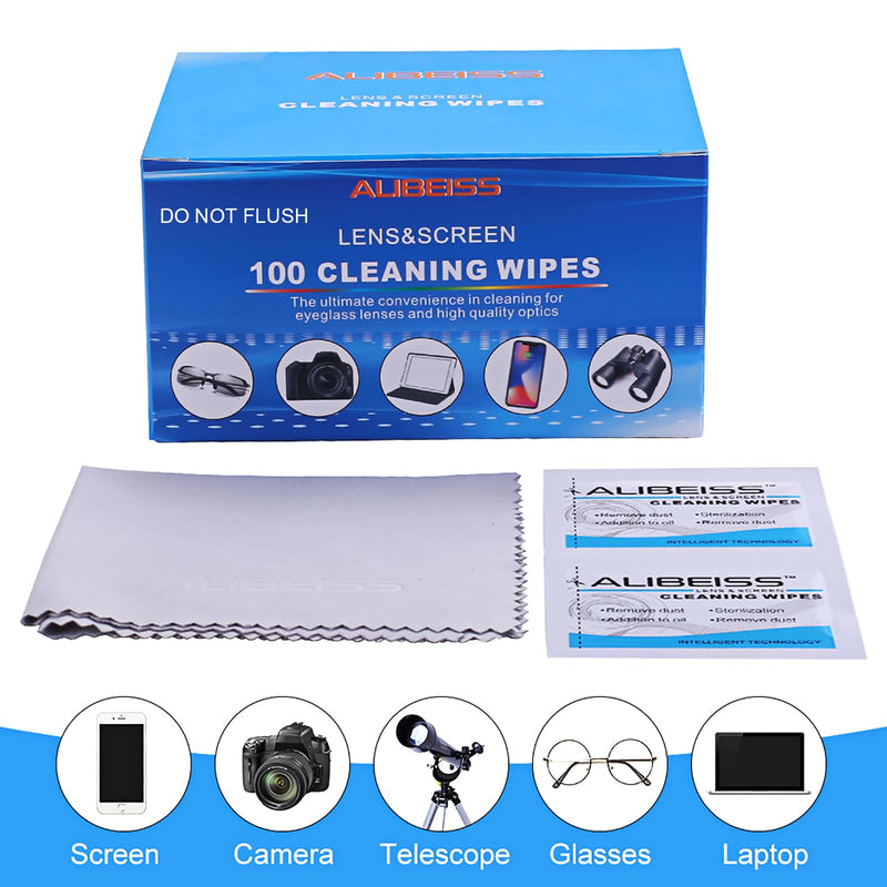 ALIBEISS Pre-Moistened Lens Wipes - Screen Cleaning Wipes for Glasses, Cameras, Tablets & Smartphones (Pack of 100)