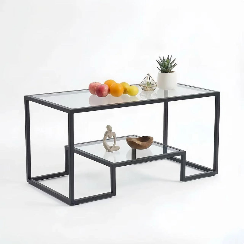 Alivio 2-Tier Storage Coffee Table with Metal Frame Design for Home & Office (Glass)