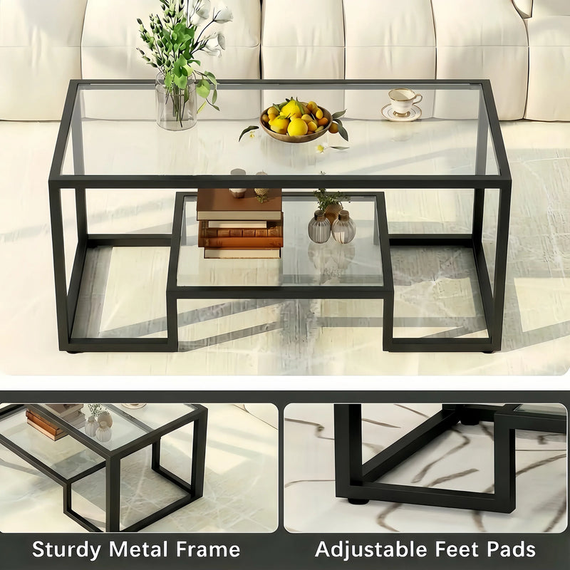 Alivio 2-Tier Storage Coffee Table with Metal Frame Design for Home & Office (Glass)