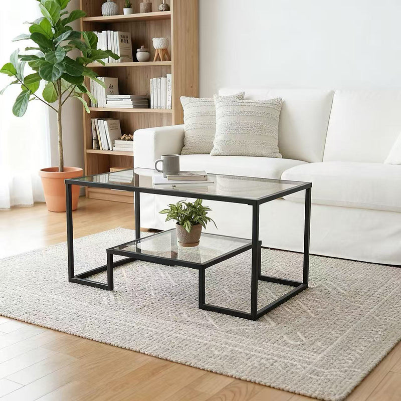 Alivio 2-Tier Storage Coffee Table with Metal Frame Design for Home & Office (Glass)