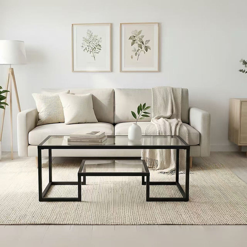 Alivio 2-Tier Storage Coffee Table with Metal Frame Design for Home & Office (Glass)