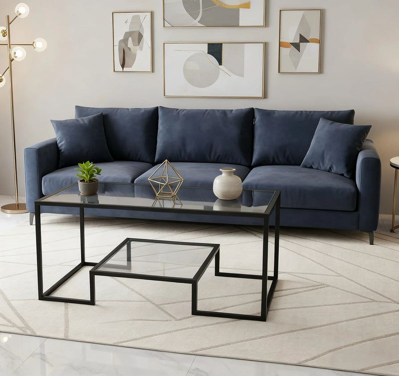 Alivio 2-Tier Storage Coffee Table with Metal Frame Design for Home & Office (Glass)