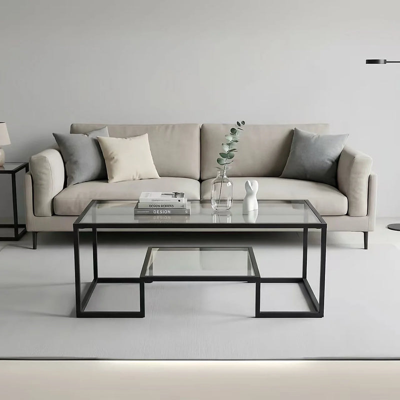 Alivio 2-Tier Storage Coffee Table with Metal Frame Design for Home & Office (Glass)