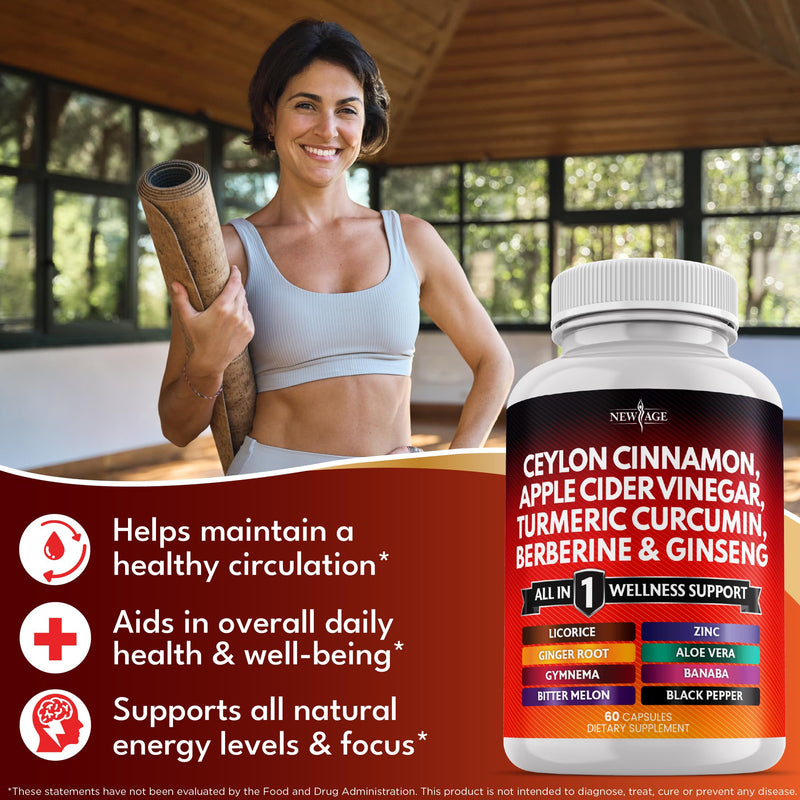 Ceylon Cinnamon Turmeric Apple Cider Vinegar Ginseng Aloe Vera Berberine Banaba Ginger Root - 120 Count