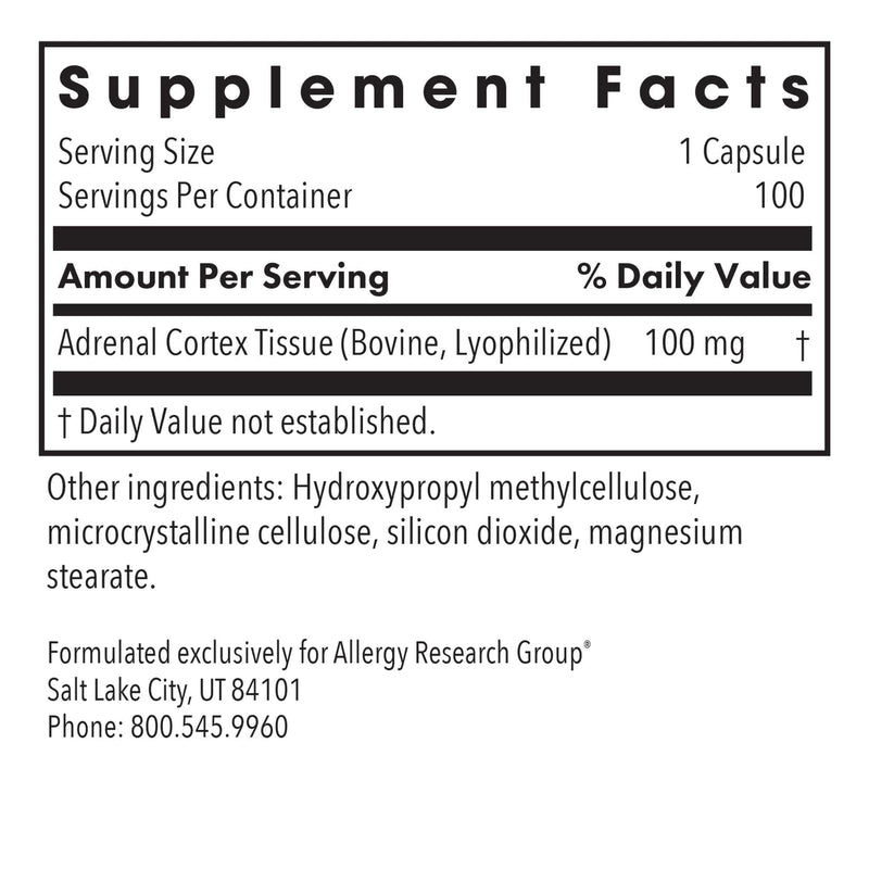 Allergy Research Group Adrenal Cortex Support - Adrenal Glandular Supplement, Immune Function, 100mg Adrenal Extract, Bovine - 100 Count