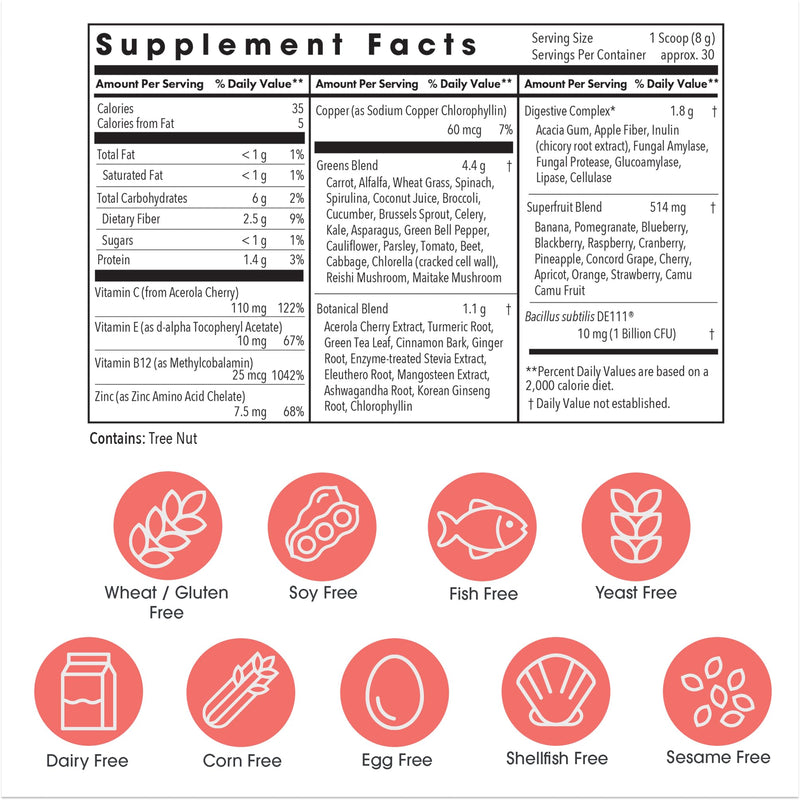 Allergy Research Group Super Greens – 8.45 oz Superfood Powder with Spirulina, Chlorella, Oat Grass & DE111 Probiotic