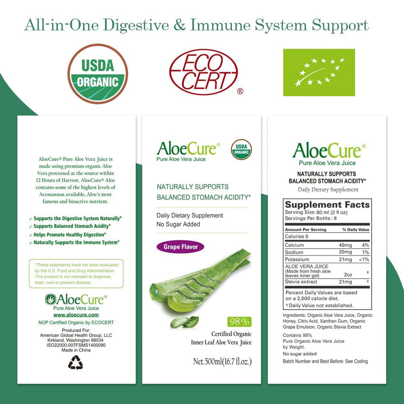 AloeCure USDA Organic Aloe Vera Juice – Grape Flavor, 16.7oz x 2 Bottles | Digestive & Immune Support