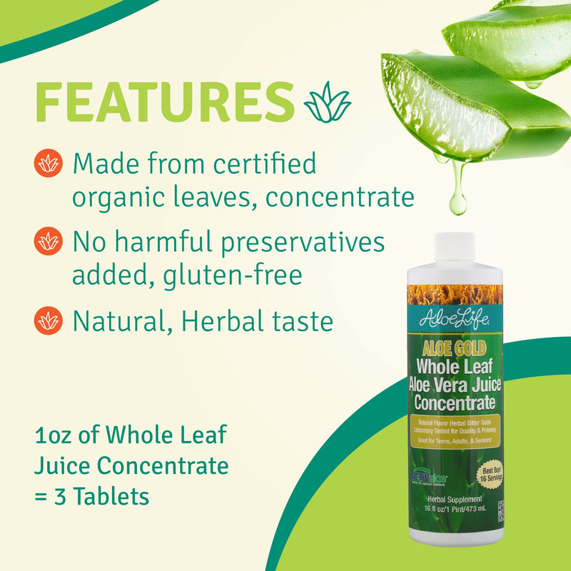 Aloe Life Whole Leaf Aloe Vera Juice - Certified Organic, Gluten-Free (Aloe Gold, 16 oz)