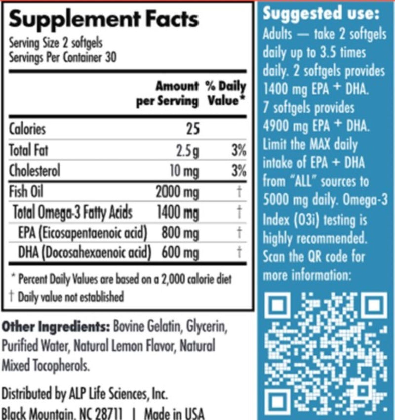 ALP High-3 TAG Omega-3 Fish Oil Supplement - 60-Count | High-Potency TG EPA/DHA
