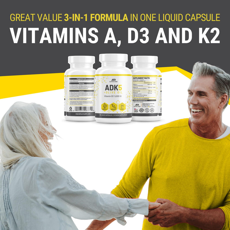 ALPHA RISE ADK Vitamin Supplement + Olive Oil for Better Absorption | ADK 5 Supplement with Vitamin A D and K | 5000 iu of Vitamin D3 + K2 (MK7+MK4) | 90 Liquid Capsules | Vegetarian | Non-GMO