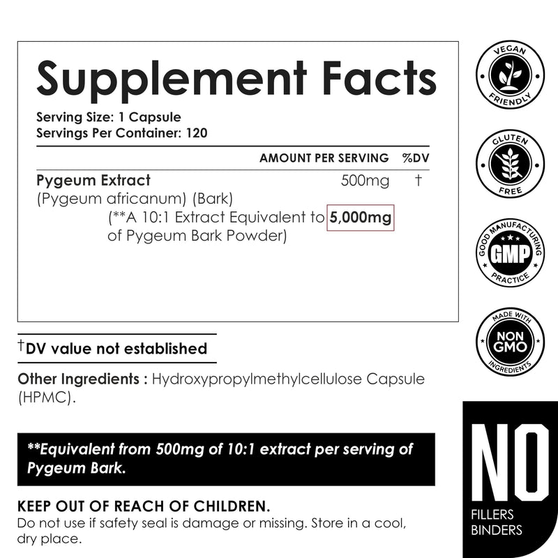 Amalth Pygeum Bark Extract Powder – Higher Potency (6.5% Phytosterols) – Herbal Supplements 120 Capsules – Non-GMO