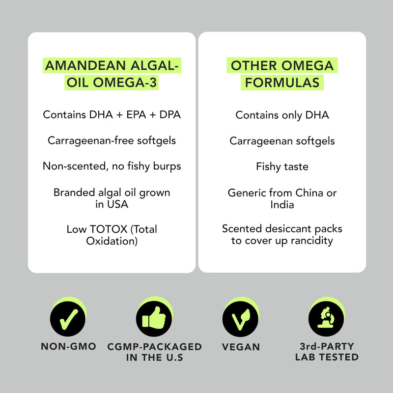 AMANDEAN Vegan Omega-3 Supplement – Algae DHA & EPA, Carrageenan-Free (120ct)