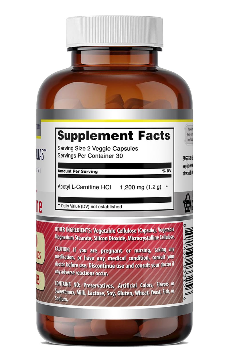 Amazing Formulas Acetyl L-Carnitine 1200 Mg – Veggie Capsules, Non-GMO, Gluten-Free, Made in USA (1 Pack | 60 Count)