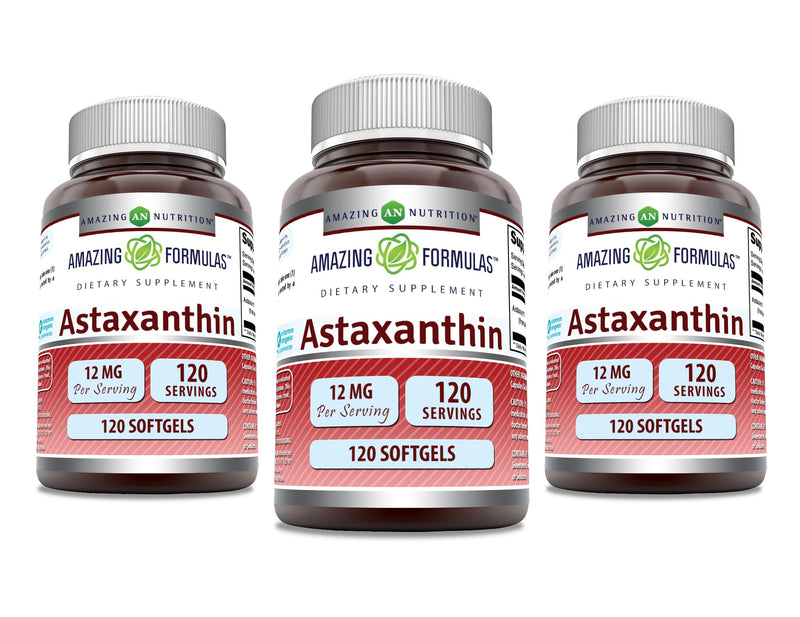 Amazing Formulas Astaxanthin 12mg Softgels - Non-GMO, Gluten Free (120 Count, 3-Pack)