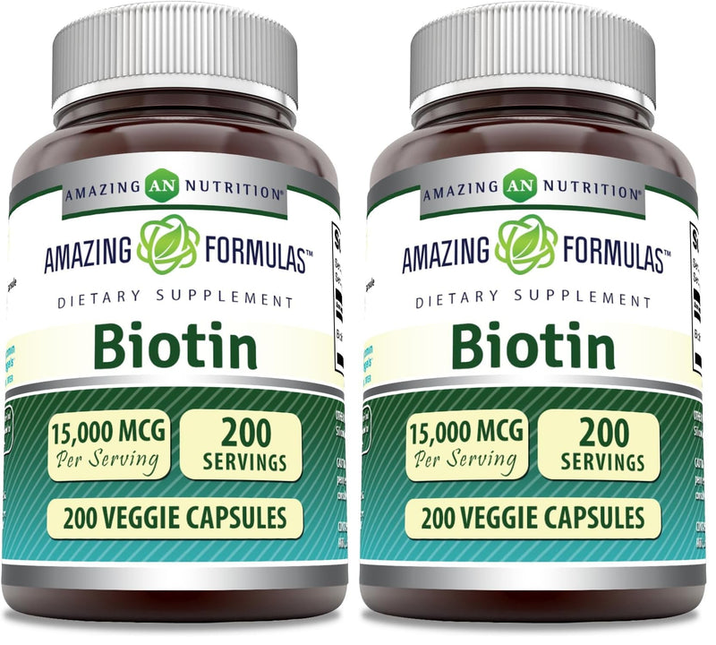 Amazing Formulas Biotin 15000 mcg – Supports Healthy Hair, Skin & Nails | 200 Capsules (Pack of 2)