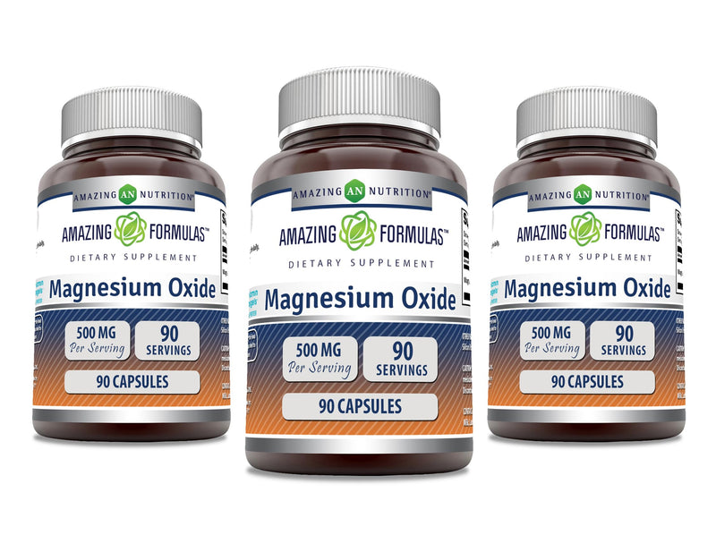 Magnesium Oxide 500 mg Capsules - Amazing Formulas | Non-GMO, Gluten Free, Made in USA (90 Count, 3 Pack)