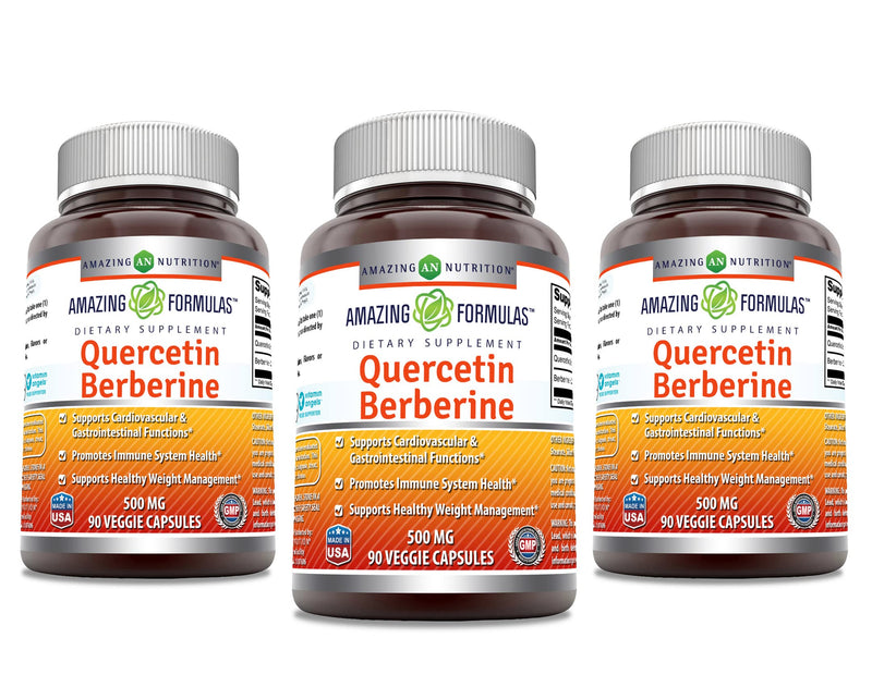 Amazing Formulas Quercetin Berberine - Veggie Capsule Supplement | 250 mg Berberine & 250 mg Quercetin | Non-GMO | Gluten Free | Made in USA | 90 Capsules (3 Pack)