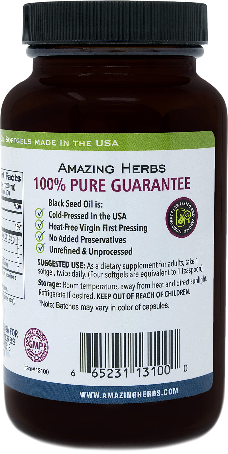 Amazing Herbs Black Seed Oil Pills 1250mg | 100 Softgel Capsules | Cold-Pressed, Non-GMO