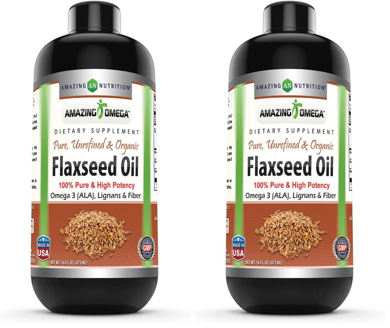 Amazing Omega Flaxseed Oil Supplement | Omega 3, Lignans & Fiber | 16 Oz | Non-GMO | Gluten Free | Made in USA (Pack of 2)