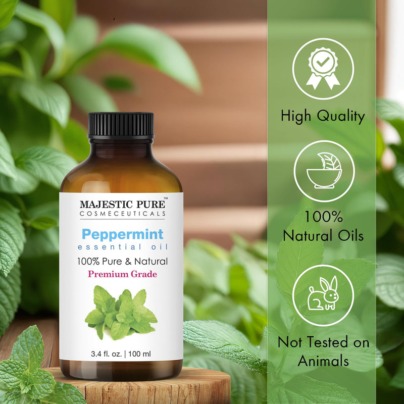 Majestic Pure Peppermint Essential Oil 3.4 Fl Oz - 100% Pure & Natural with Glass Dropper