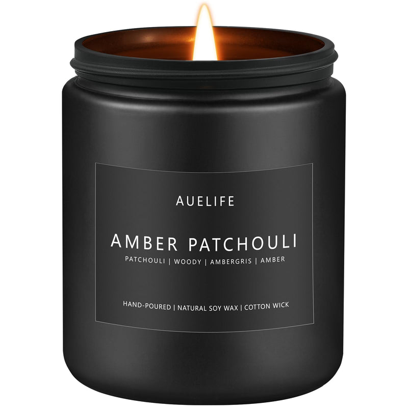 Amber & Patchouli Candle – Soy Wax, Home Scent, Gift for Men (7oz Black Jar)