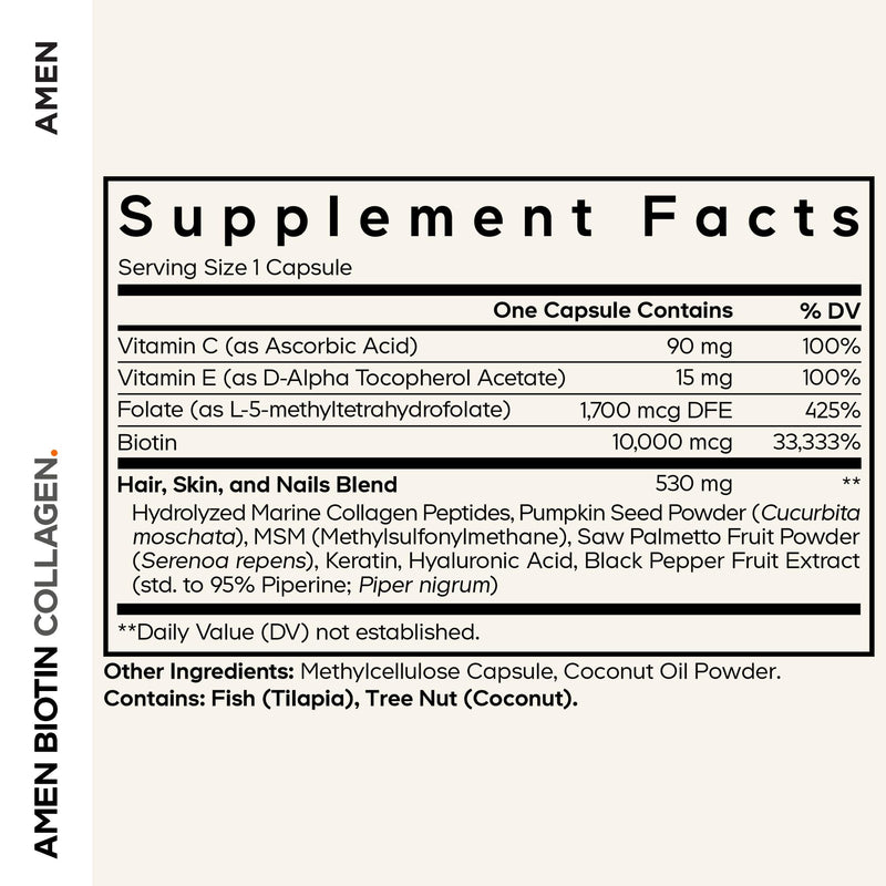 Amen Biotin Collagen Vitamins+ 10,000 mcg Biotin Supplement – 3-Month Supply | Hydrolyzed Collagen, Vitamins C & E