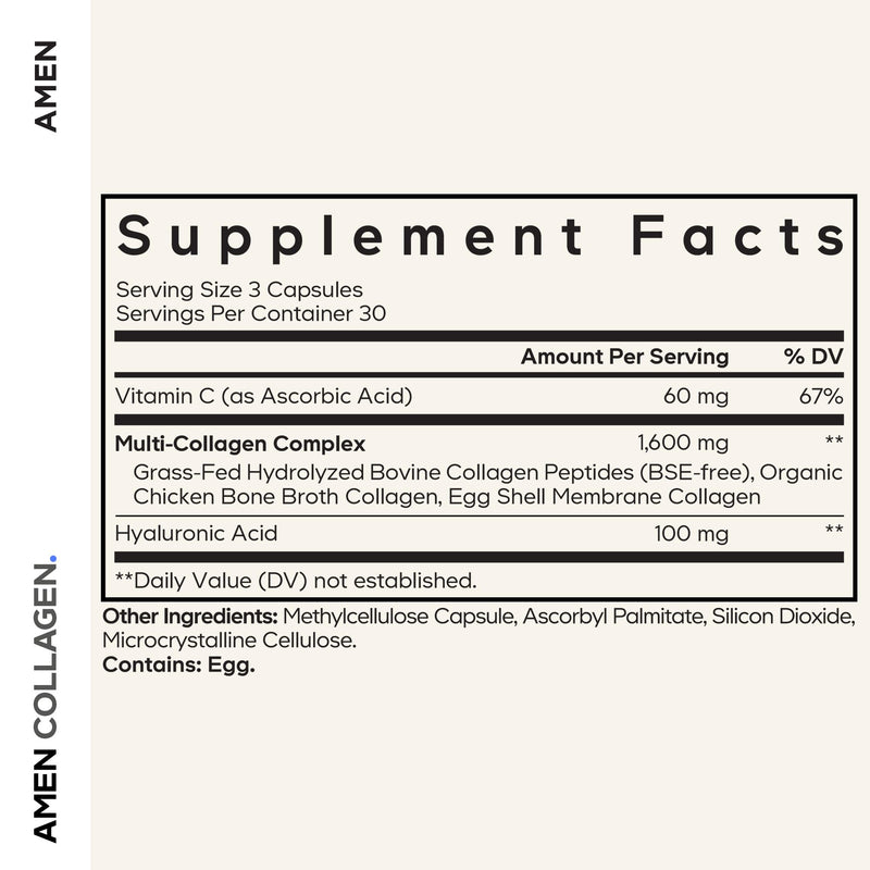 Amen Multi Collagen Peptides Capsules | 5 Types I-II-III-V-X + Hyaluronic Acid & Vitamin C | Grass-Fed, 90 Capsules